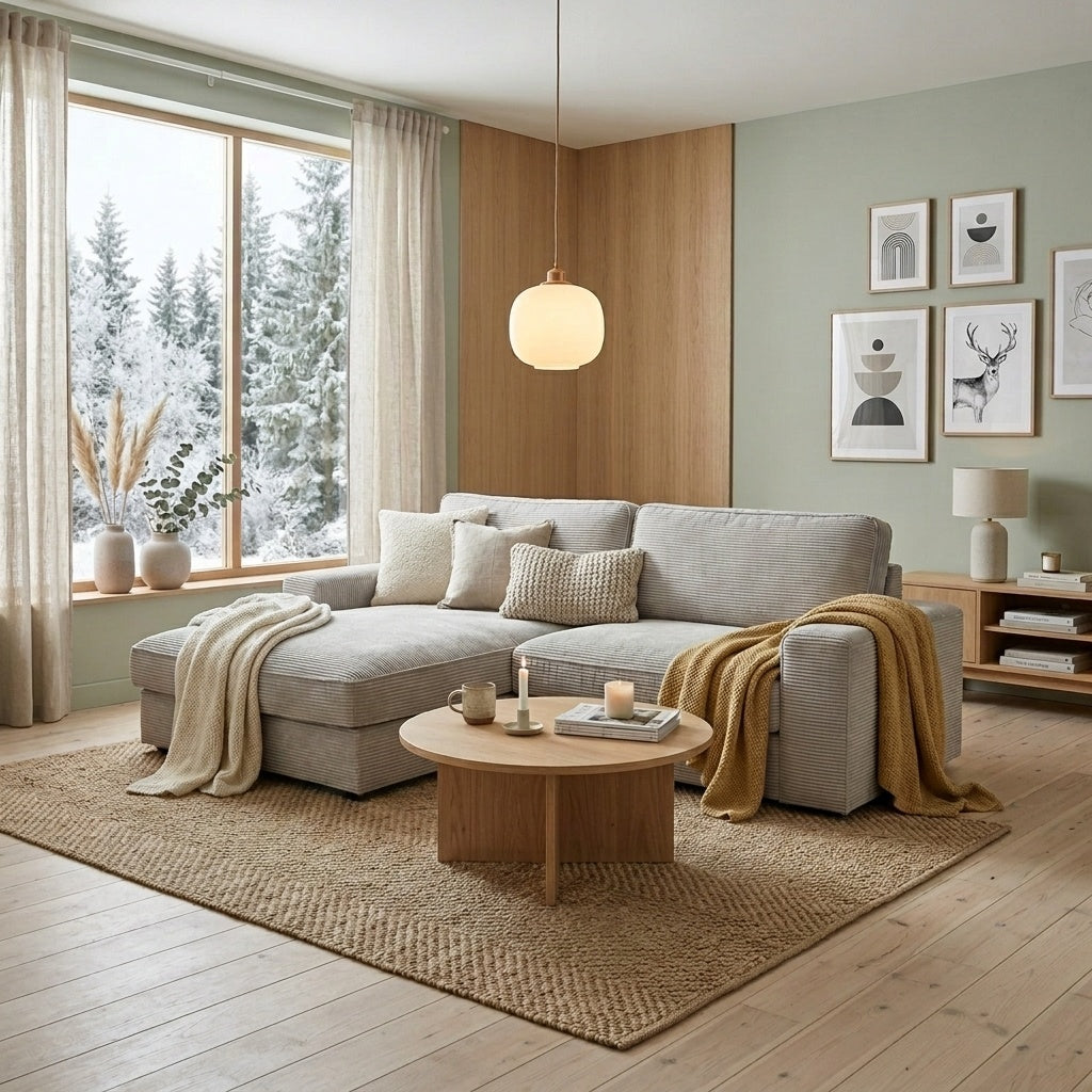 Granlo divansoffa i grått Manchester-tyg med schäslong och memoryfoam-sits — Softa Home