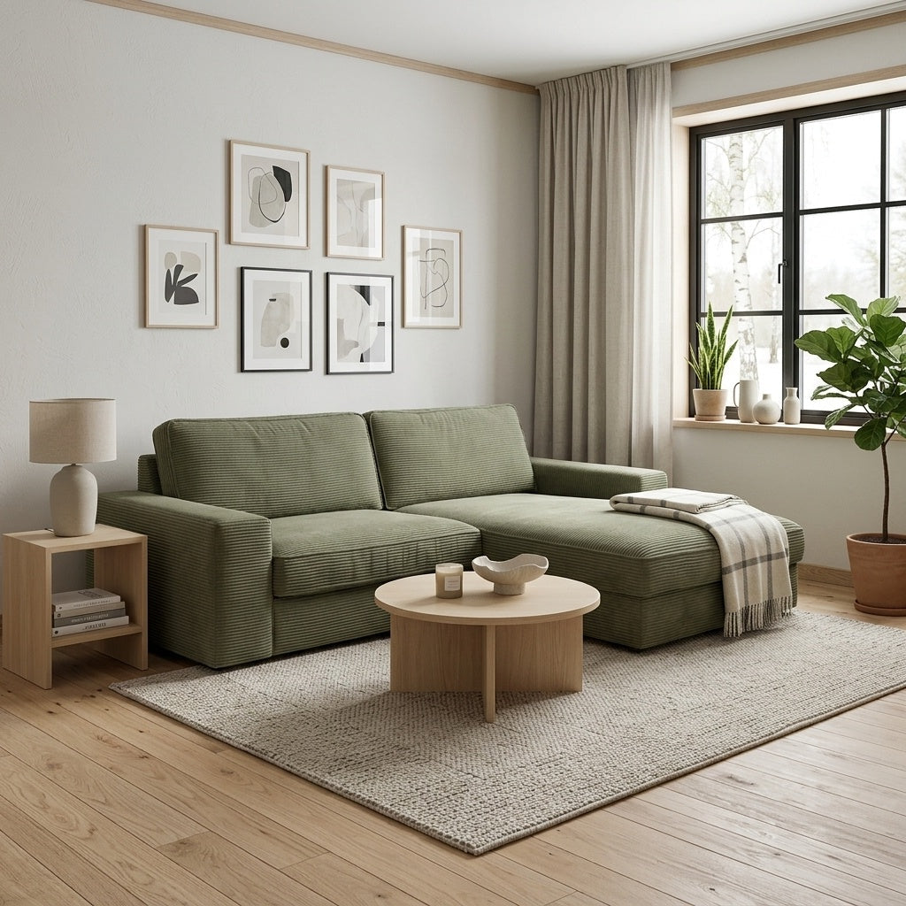 Grön Granlo divansoffa med schäslong, klädd i Manchester-tyg med memoryfoam-sits — Softa Home