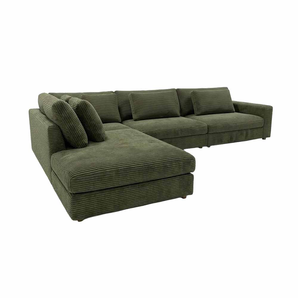 Duved hörnsoffa i grönt Manchester-tyg, memoryfoam-sits