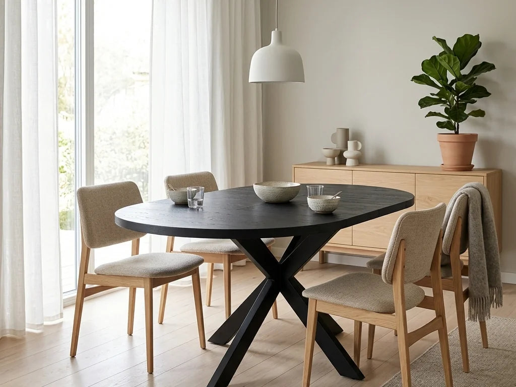 Tofta matbord i ljust skandinaviskt matrum