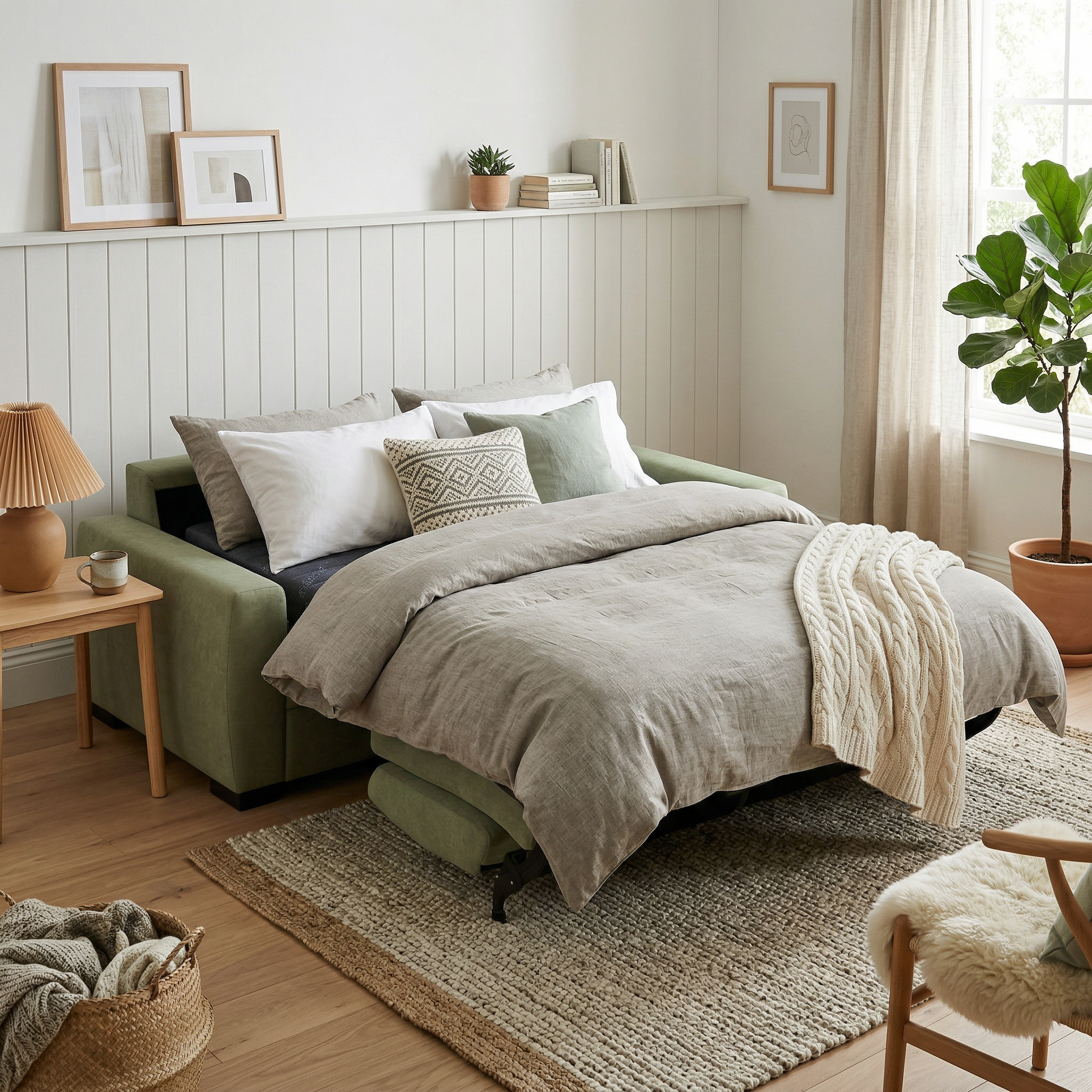 Nordingrå grön bäddsoffa – framifrån
