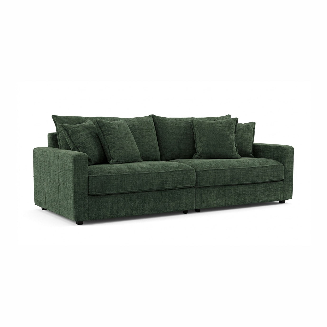 Björnriket 4-sits soffa i mörkgrön chenille, sedd snett framifrån