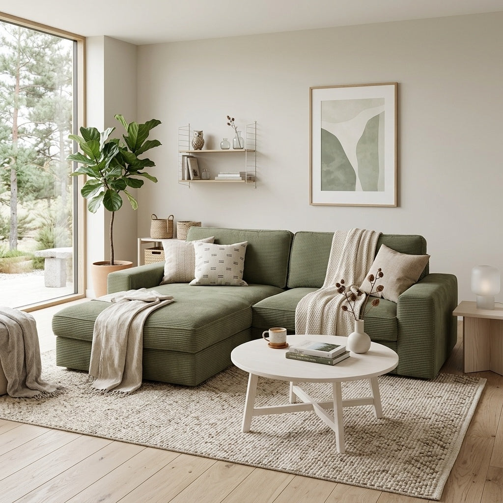 Granlo divansoffa i grönt Manchester-tyg med schäslong och memoryfoam — Softa Home