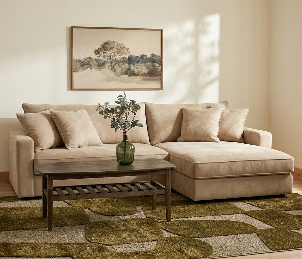 Beige Björnriket divansoffa med schäslong, vätskeresistent easy clean-tyg
