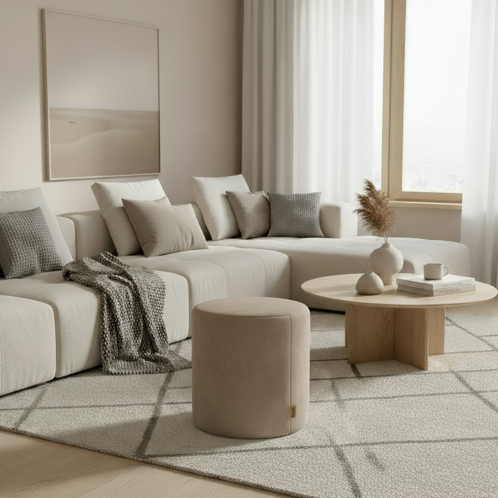 Beige cylinderformad pall – detaljbild