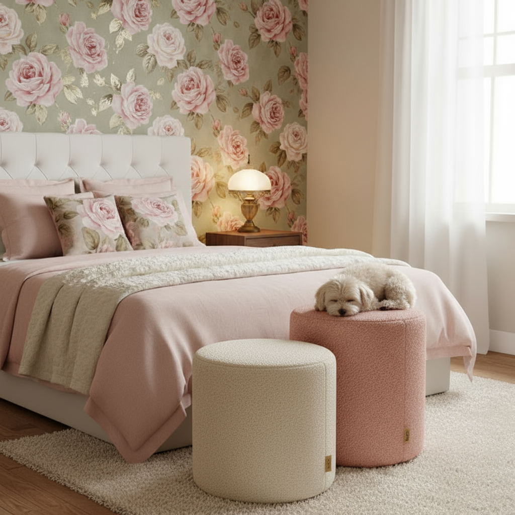 Rosa sittpuff / fotpall – detaljbild