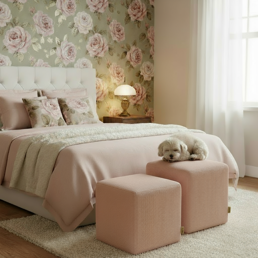 Rosa sittpuff / pall – detaljbild